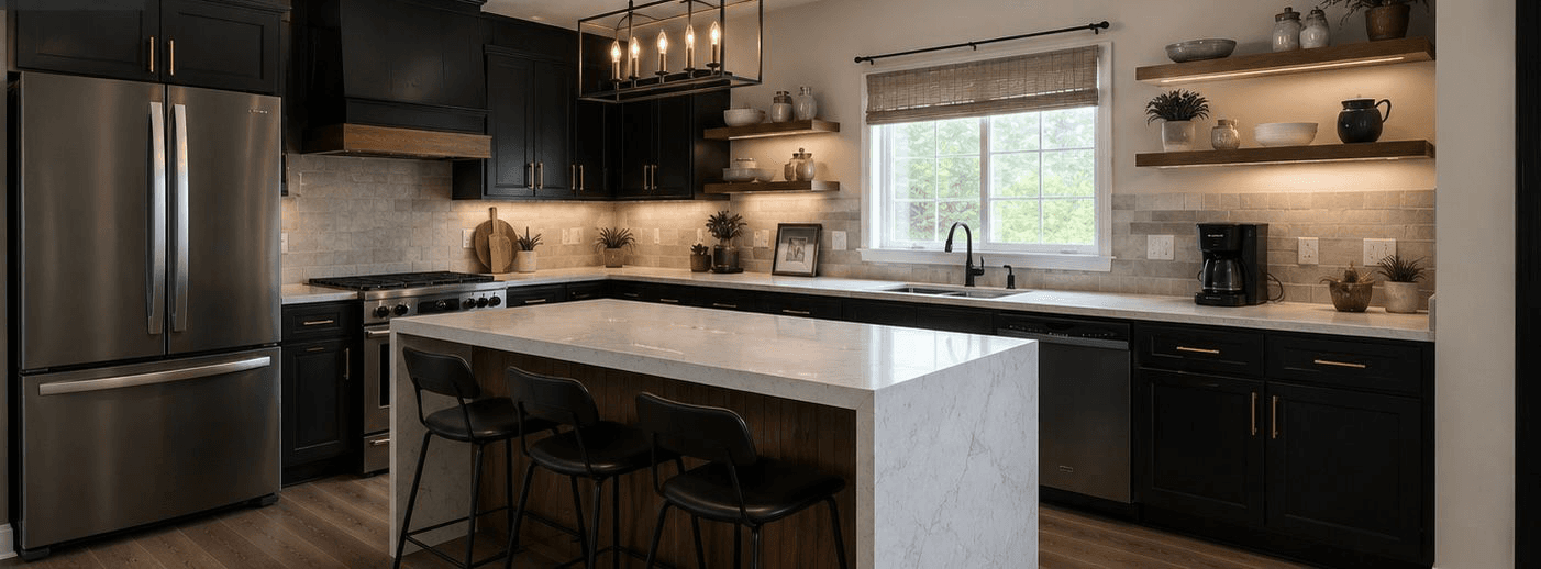 Modern kitchen with black cabinets, marble countertops, and floating wood shelves