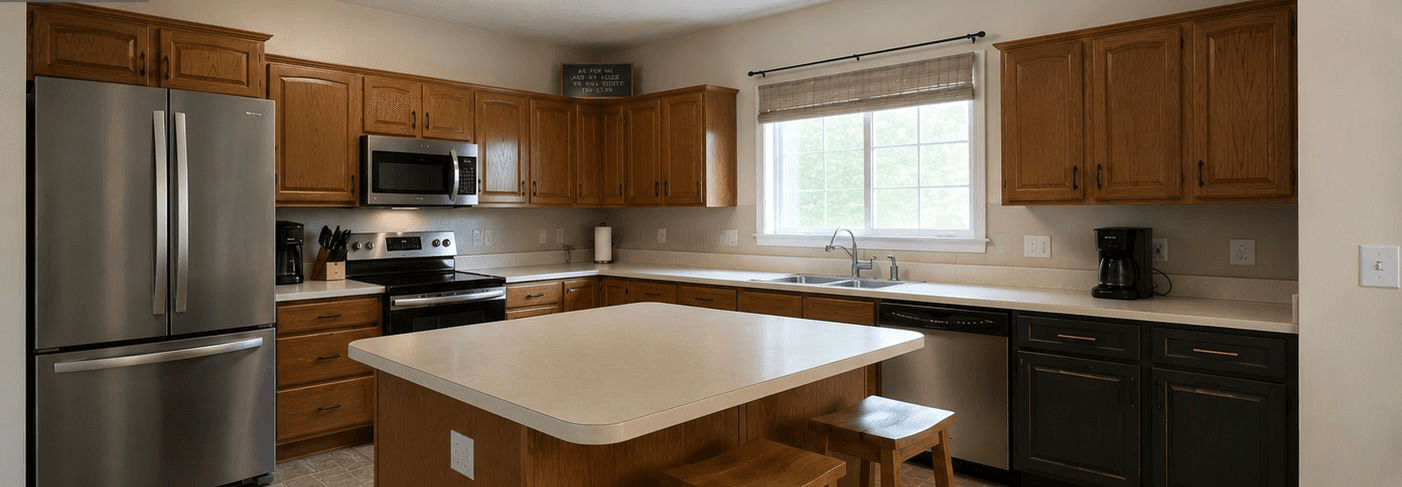 Dated kitchen with oak cabinets and white appliances